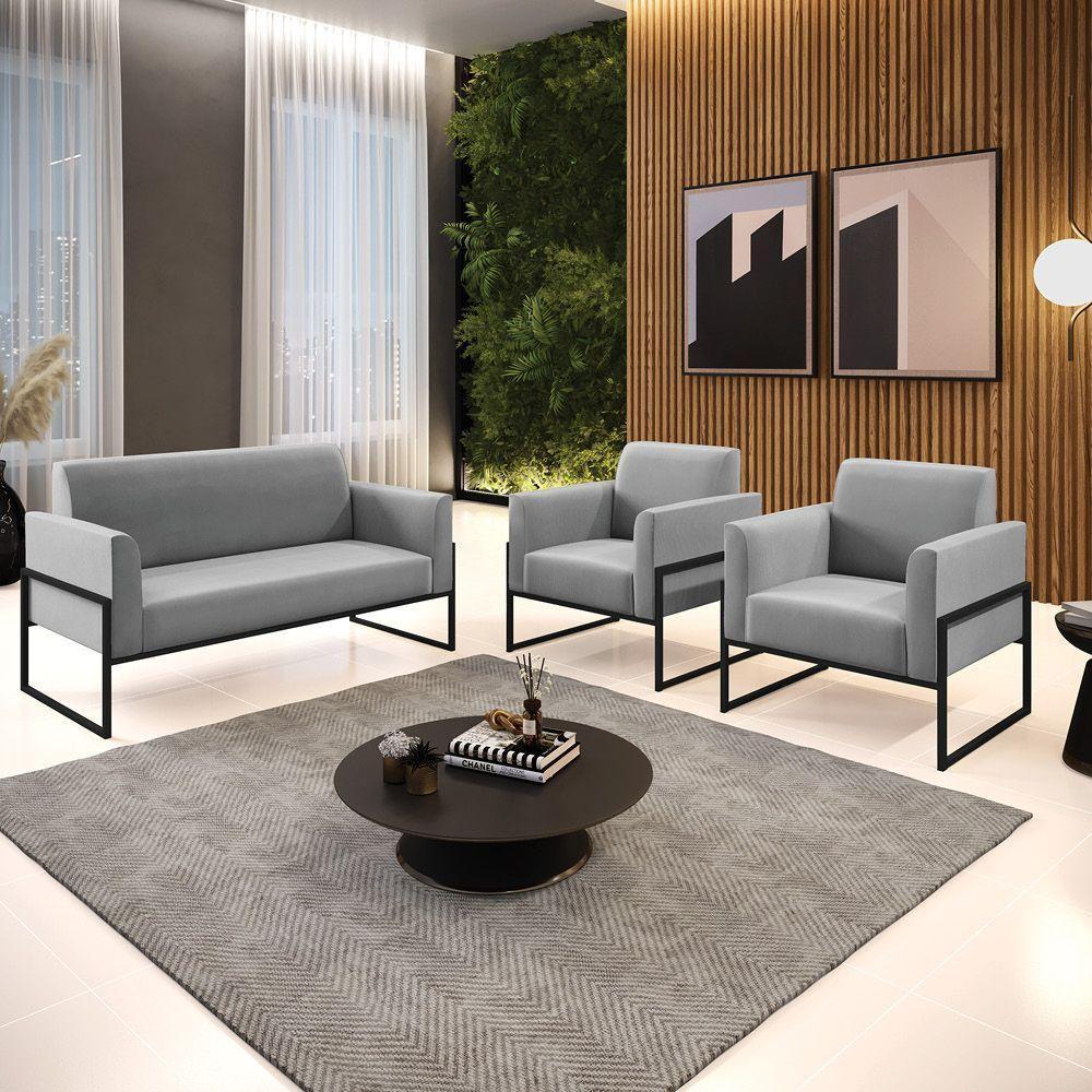 Sofá Namoradeira Com 2 Poltronas Base Industrial Alta Preto Marisa Suede Cinza D03 - D\'rossi - 4