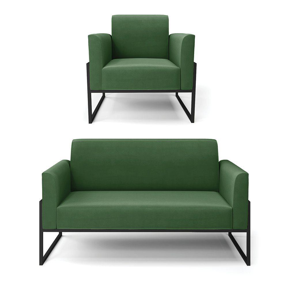 Sofá Namoradeira Com Poltrona Base Industrial Alta Preto Marisa Suede D03 - D\'rossi Cor Verde - 1