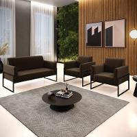 Sofá Namoradeira Com 2 Poltronas Base Industrial Alta Preto Marisa Suede D03 - D\'rossi Cor Marrom - 8
