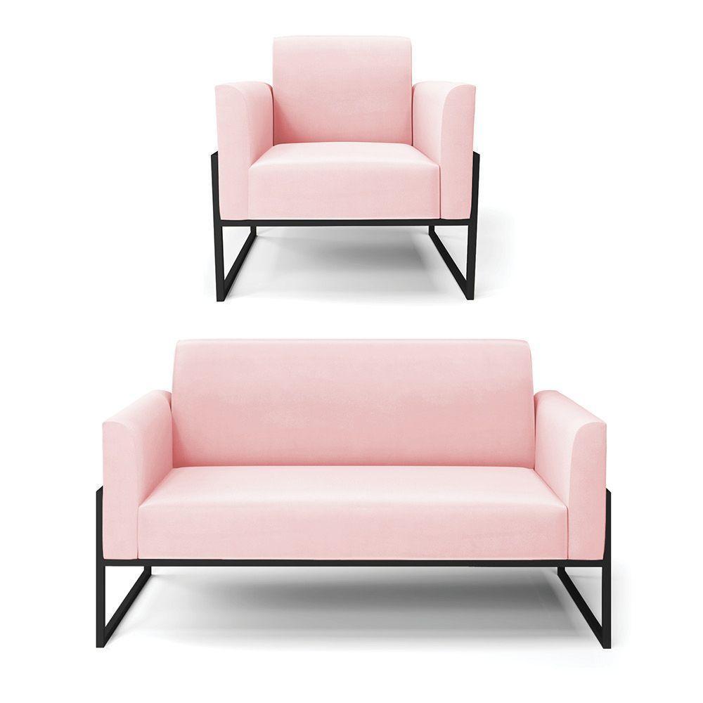 Sofá Namoradeira Com Poltrona Base Industrial Alta Preto Marisa Suede D03 - D\'rossi Cor Rosa Bebê - 1