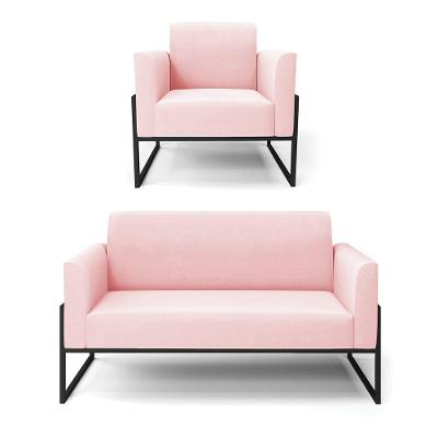 Sofá Namoradeira Com Poltrona Base Industrial Alta Preto Marisa Suede D03 - D\'rossi Cor Rosa Bebê