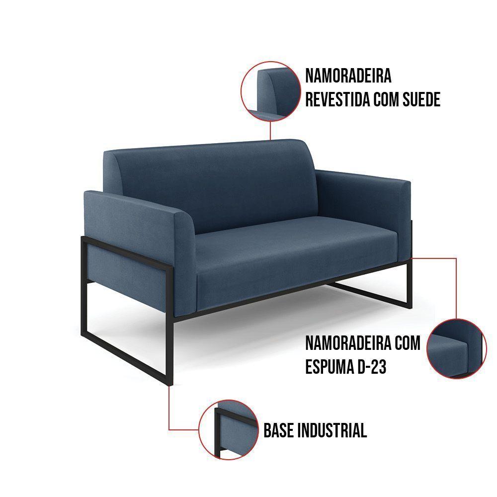 Sofá Namoradeira Com 2 Poltronas Base Industrial Alta Preto Marisa Suede D03 - D\'rossi Cor Azul Marinho - 2