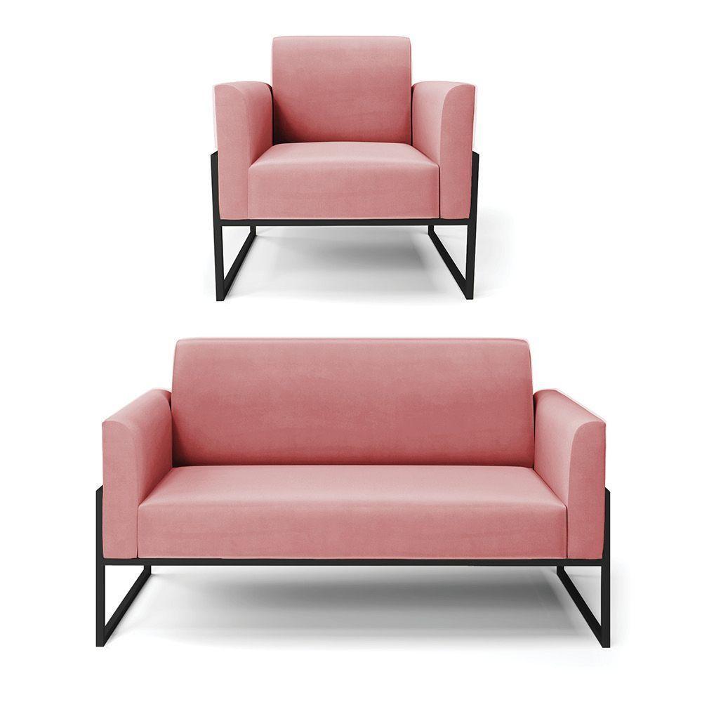 Sofá Namoradeira Com Poltrona Base Industrial Alta Preto Marisa Suede D03 - D\'rossi Cor Rose - 1
