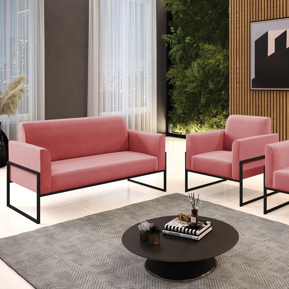 Sofá Namoradeira Com Poltrona Base Industrial Alta Preto Marisa Suede D03 - D\'rossi Cor Rose - 5