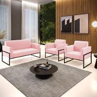 Sofá Namoradeira Com 2 Poltronas Base Industrial Alta Preto Marisa Suede Rosa Bebê D03 - D\'rossi
