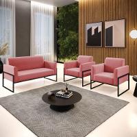 Sofá Namoradeira Com 2 Poltronas Base Industrial Alta Preto Marisa Suede Rosê D03 - D\'rossi