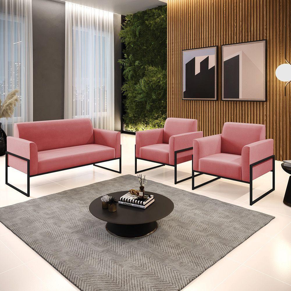 Sofá Namoradeira Com 2 Poltronas Base Industrial Alta Preto Marisa Suede D03 - D\'rossi Cor Rose - 4