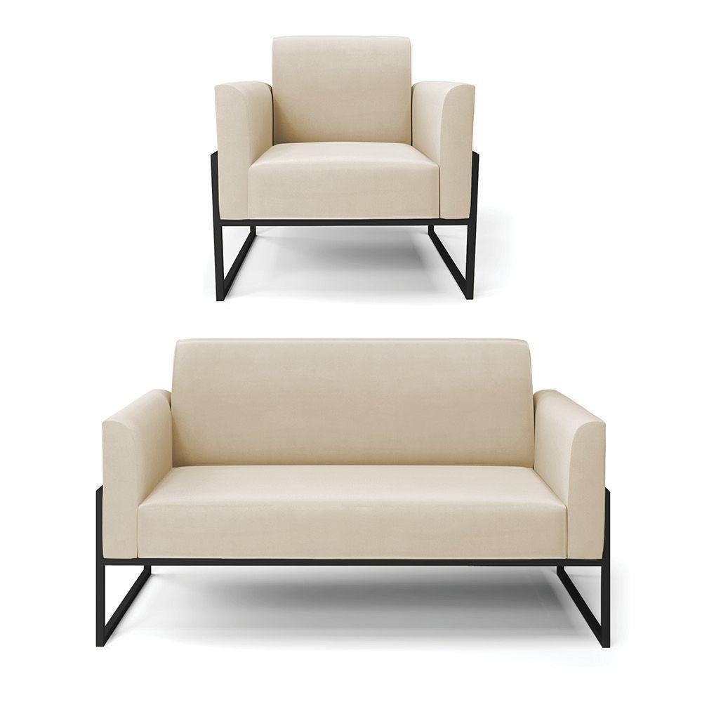 Sofá Namoradeira Com Poltrona Base Industrial Alta Preto Marisa Suede Bege D03 - D\'rossi - 1