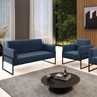 Sofá Namoradeira Com Poltrona Base Industrial Alta Preto Marisa Suede D03 - D\'rossi Cor Azul Marinho - 2