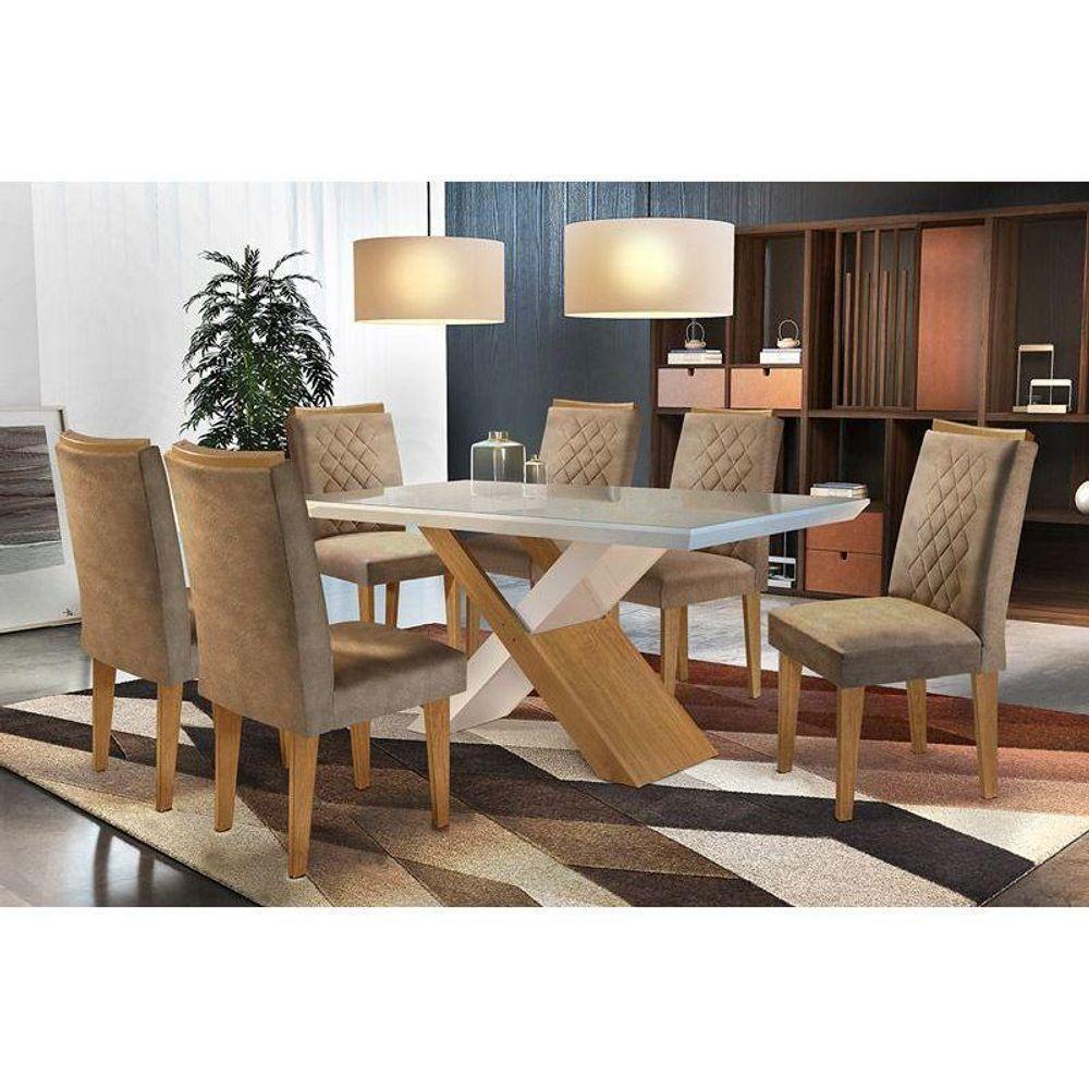 Sala de Jantar Completa Imperatriz c/ Tampo Madeirado c/ Vidro Canto Reto 180cm + 6 Cadeiras Jade Imbuia/Chocolate Capuccino - Rufato - 1