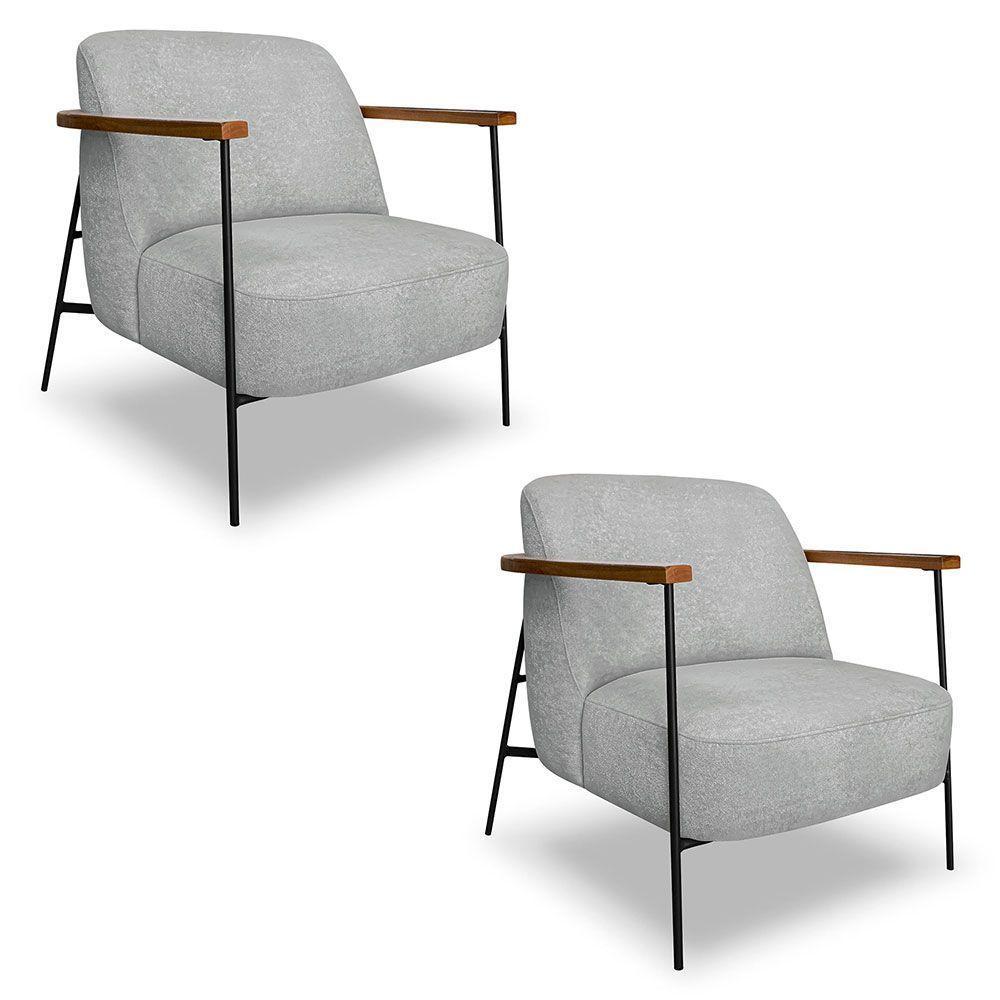Kit 2 Poltronas Decorativa Celeste Linho Bouclê Cinza Claro Base De Ferro Preto - Pallazio - 1