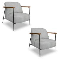 Kit 2 Poltronas Decorativa Celeste Linho Bouclê Cinza Claro Base De Ferro Preto - Pallazio - 1