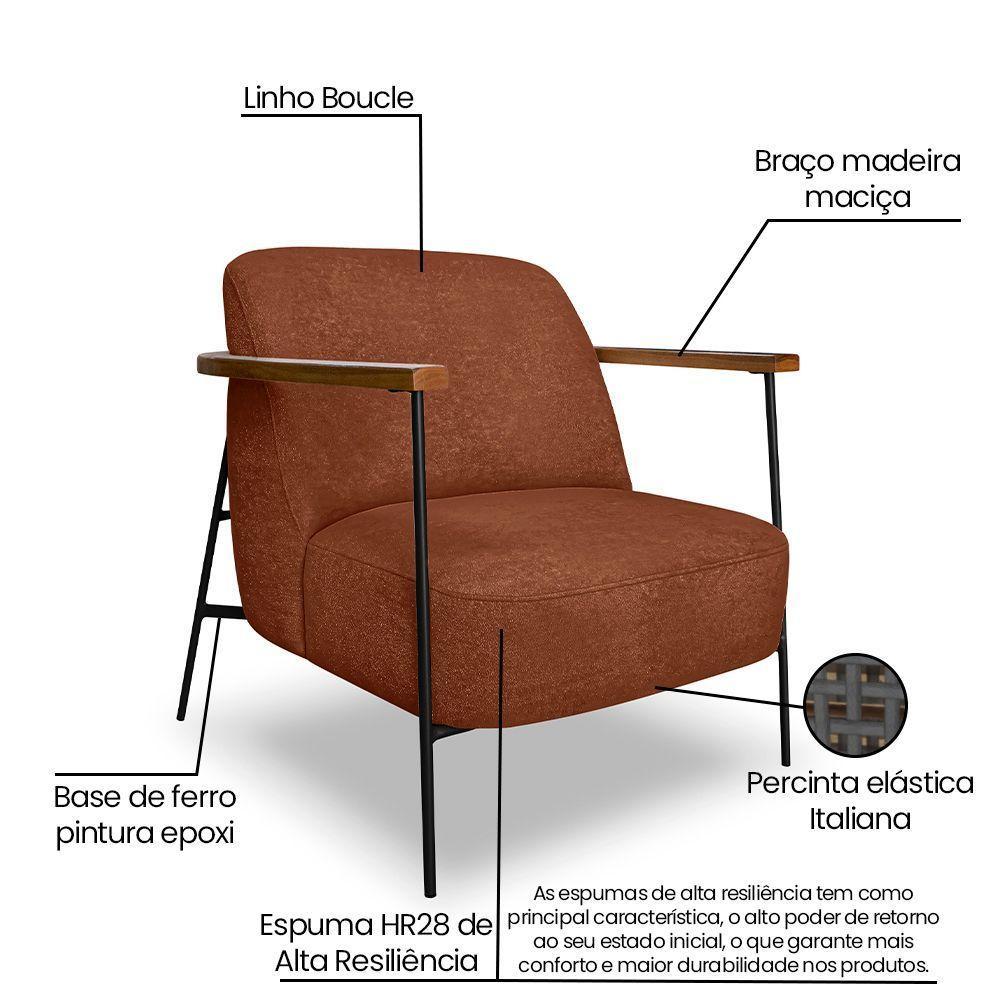 Kit 2 Poltronas Decorativa Celeste Linho Bouclê Marrom Base De Ferro Preto - Pallazio - 6