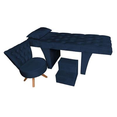 Kit Maca Reta Capitonê 0,60m Sophia Com Mocho Base Madeira E Escada Veludo - Pallazio Cor Azul Marinho