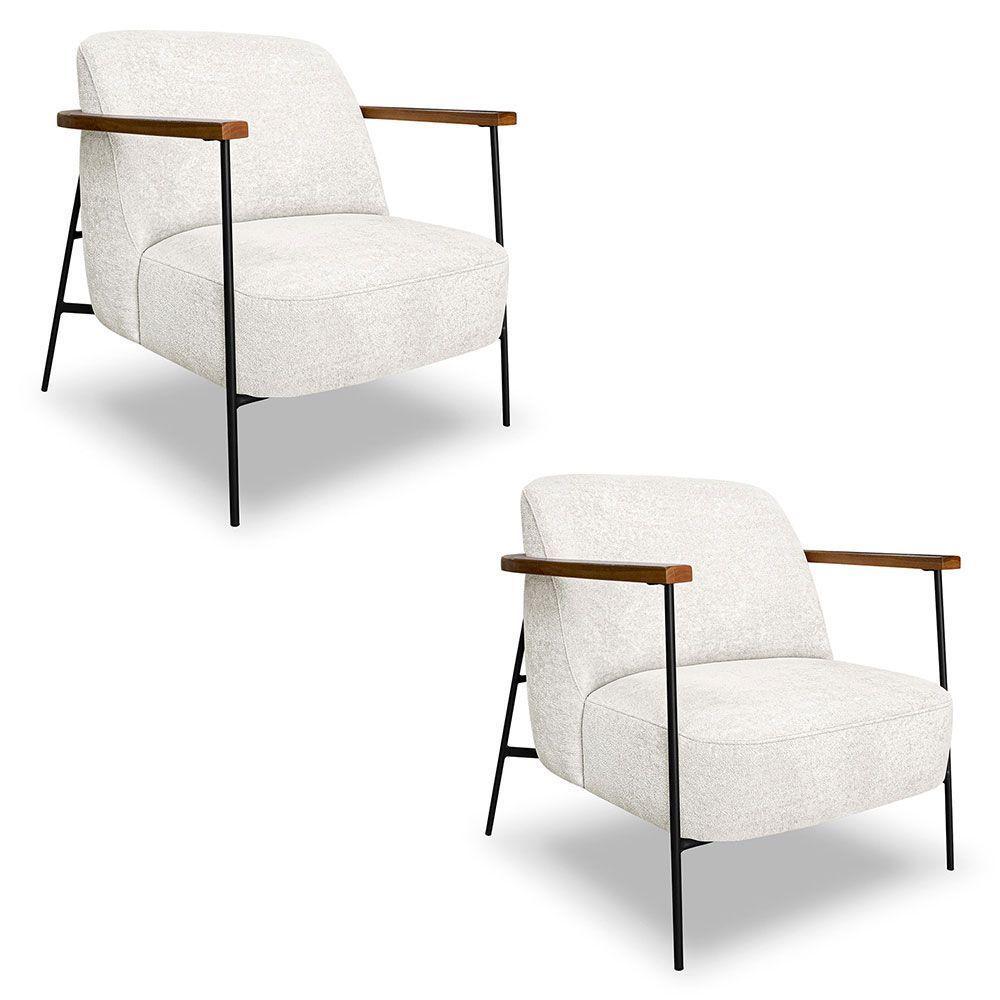 Kit 2 Poltronas Decorativa Celeste Linho Bouclê Base De Ferro Preto - Pallazio Cor Bege Pérola - 1