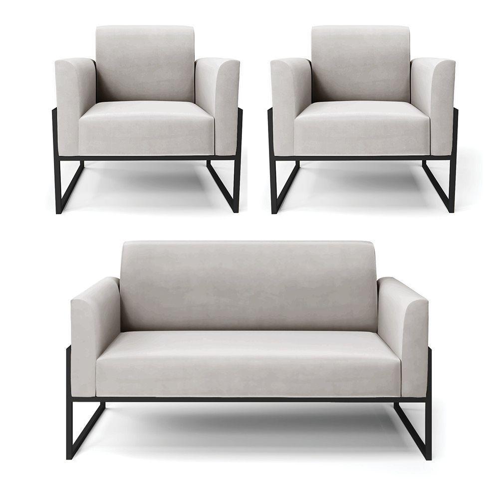 Sofá Namoradeira Com 2 Poltronas Base Industrial Alta Preto Marisa Veludo D03 - D\'rossi Cor Cinza - 1