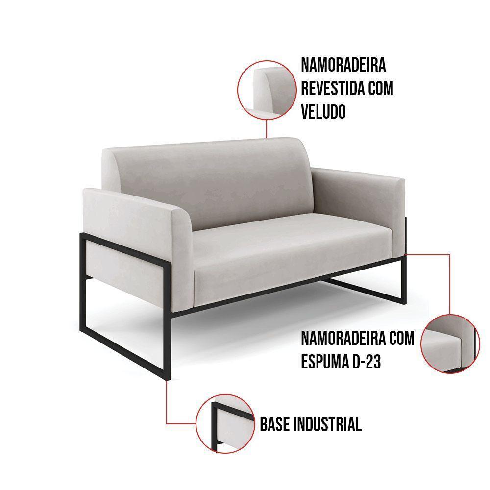 Sofá Namoradeira Com 2 Poltronas Base Industrial Alta Preto Marisa Veludo D03 - D\'rossi Cor Cinza - 2