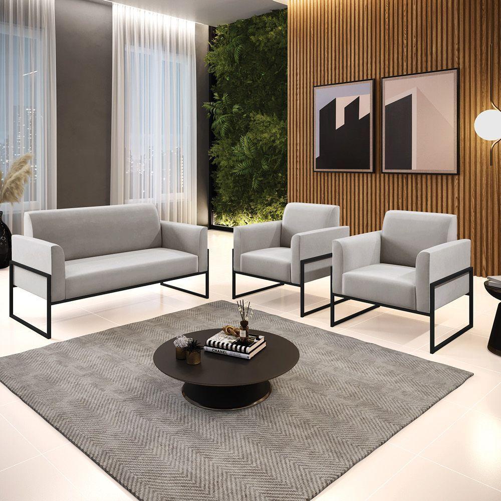 Sofá Namoradeira Com 2 Poltronas Base Industrial Alta Preto Marisa Veludo D03 - D\'rossi Cor Cinza - 7