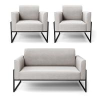 Sofá Namoradeira Com 2 Poltronas Base Industrial Alta Preto Marisa Veludo D03 - D\'rossi Cor Cinza - 1