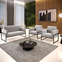 Sofá Namoradeira Com 2 Poltronas Base Industrial Alta Preto Marisa Veludo D03 - D\'rossi Cor Cinza - 7