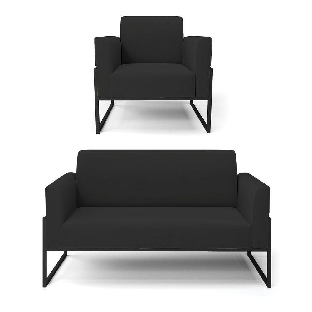 Sofá Namoradeira Com Poltrona Base Industrial Alta Preto Marisa Veludo D03 - D\'rossi Cor Preto - 1