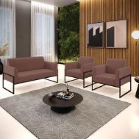 Sofá Namoradeira Com 2 Poltronas Base Industrial Alta Preto Marisa Veludo Rosê D03 - D\'rossi - 5