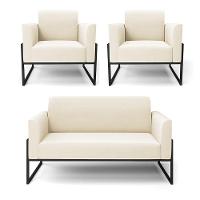 Sofá Namoradeira Com 2 Poltronas Base Industrial Alta Preto Marisa Veludo D03 - D\'rossi Cor Bege - 1