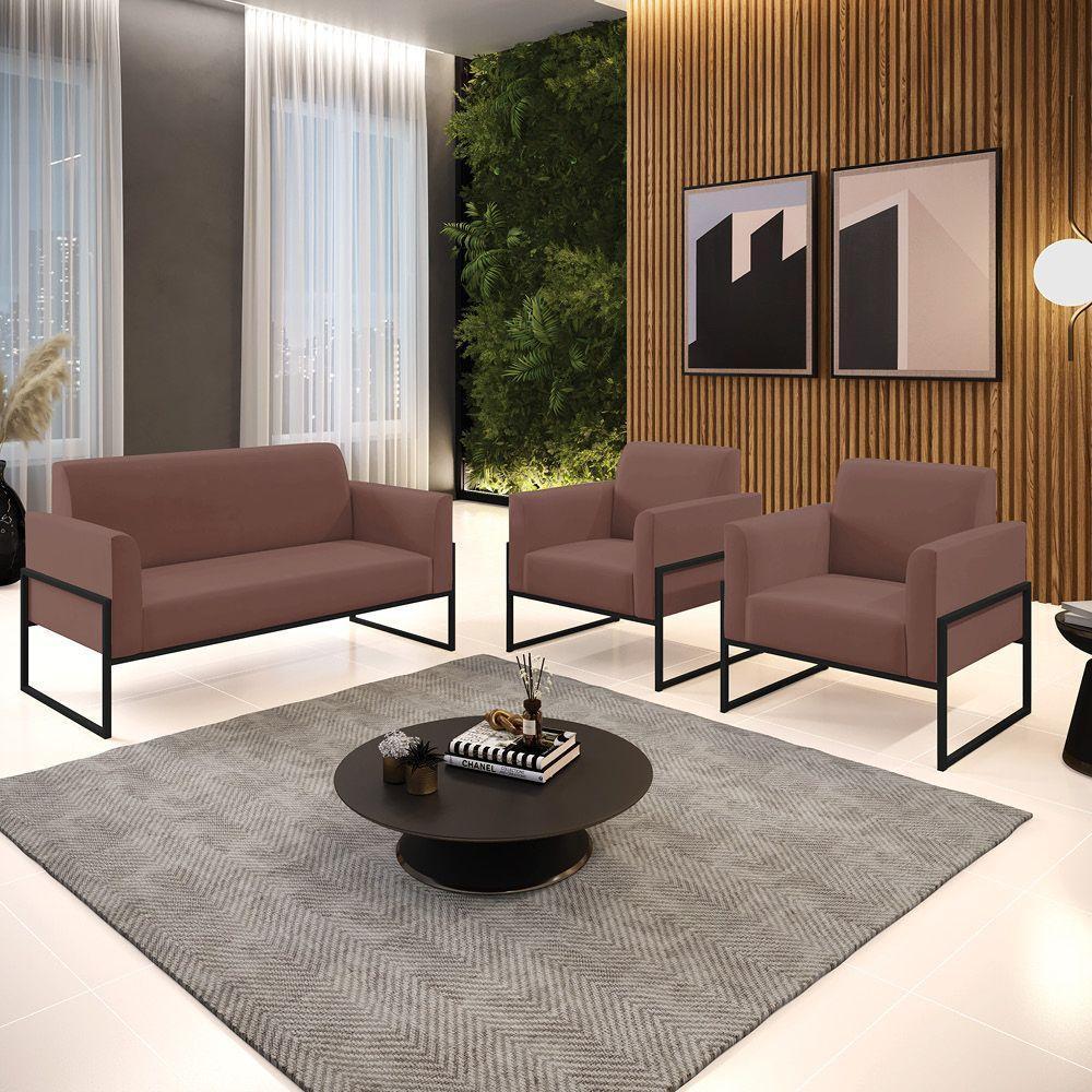 Sofá Namoradeira Com 2 Poltronas Base Industrial Alta Preto Marisa Veludo D03 - D\'rossi Cor Rose - 3