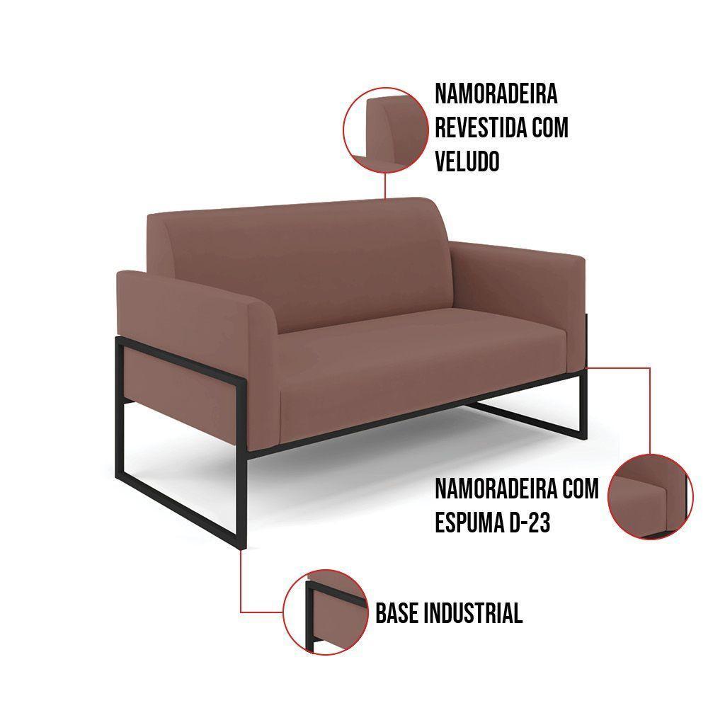 Sofá Namoradeira Com 2 Poltronas Base Industrial Alta Preto Marisa Veludo D03 - D\'rossi Cor Rose - 5