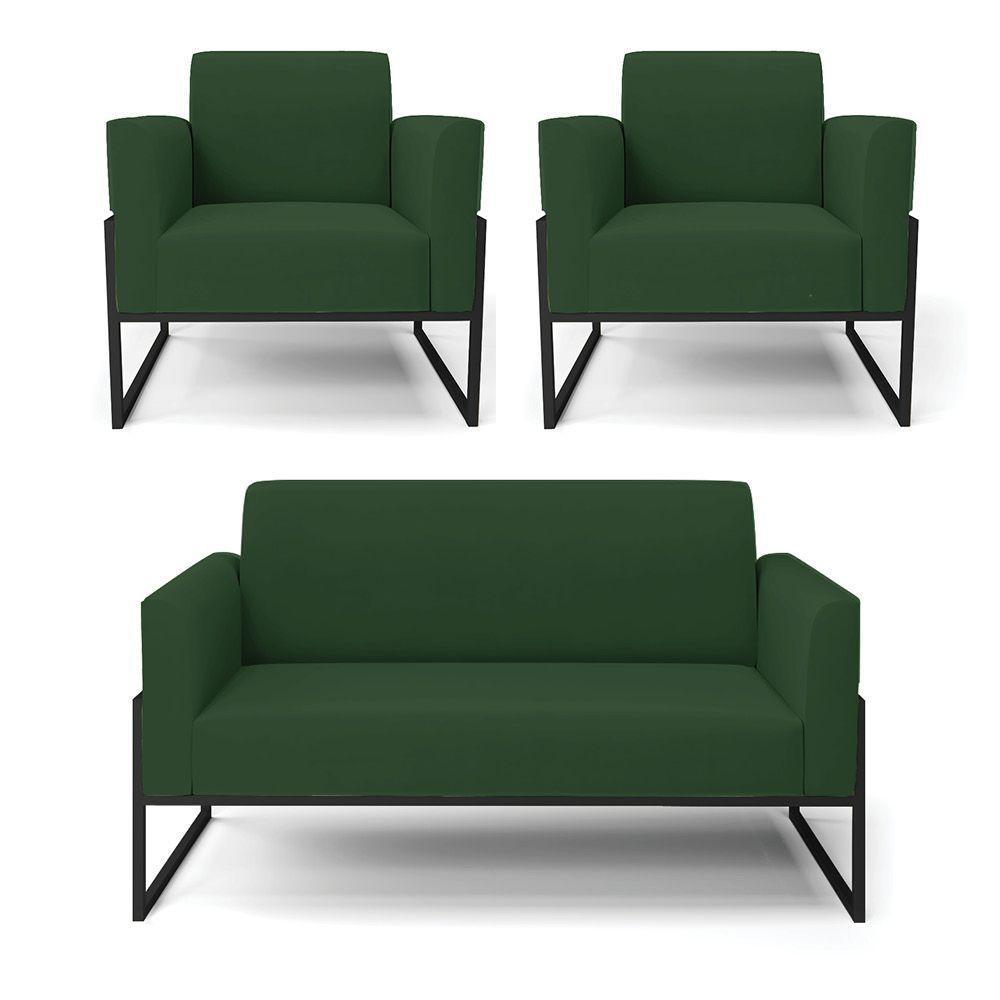 Sofá Namoradeira Com 2 Poltronas Base Industrial Alta Preto Marisa Veludo Verde D03 - D\'rossi - 1