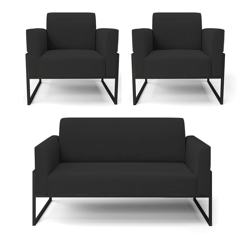 Sofá Namoradeira Com 2 Poltronas Base Industrial Alta Preto Marisa Veludo Preto D03 - D\'rossi - 1