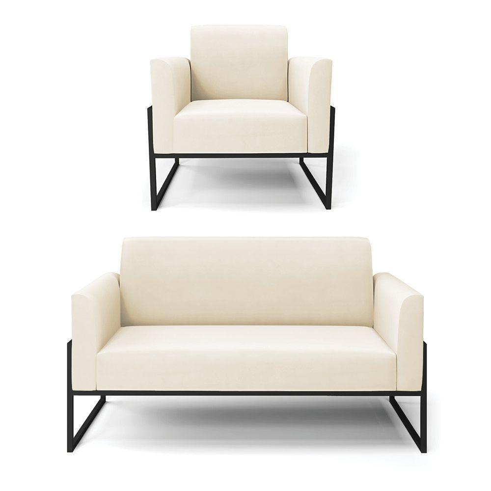 Sofá Namoradeira Com Poltrona Base Industrial Alta Preto Marisa Veludo Bege D03 - D\'rossi - 1