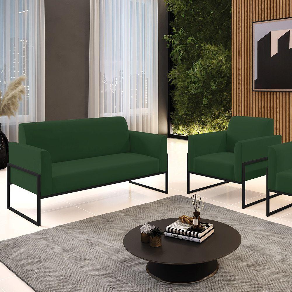 Sofá Namoradeira Com Poltrona Base Industrial Alta Preto Marisa Veludo Verde D03 - D\'rossi - 2