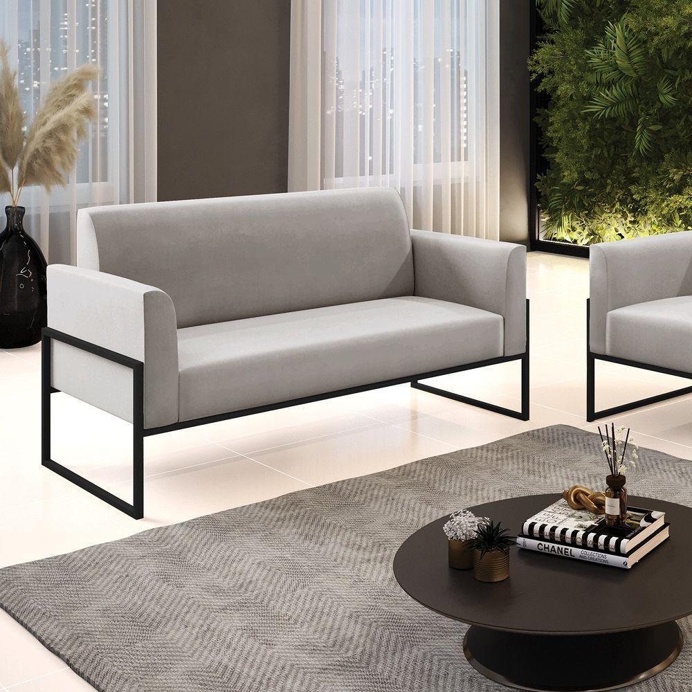 Sofá Namoradeira Base Industrial Alta Preto Marisa Veludo Cinza D03 - D\'rossi - 3