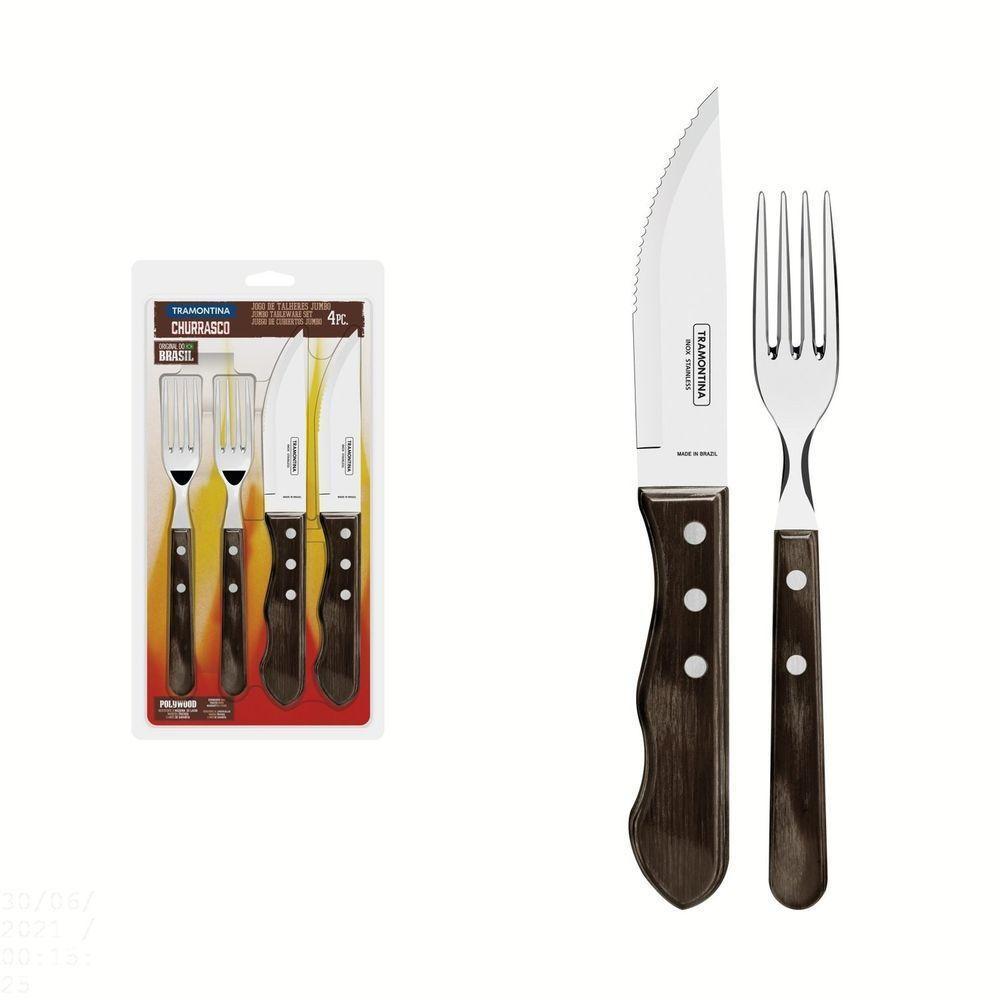 Jogo De Talheres Jumbo Para Churrasco Tramontina Em Aço Inox Com Cabo Castanho Polywood 4 Peças Tramontina - 1