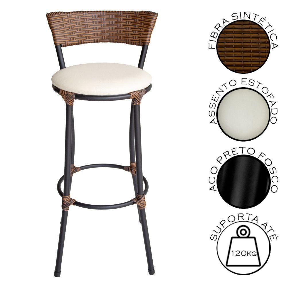 Banqueta Alta Forts Com Encosto Aço Carbono E Fibra Sintética Argila Com Branco Gelo - 2