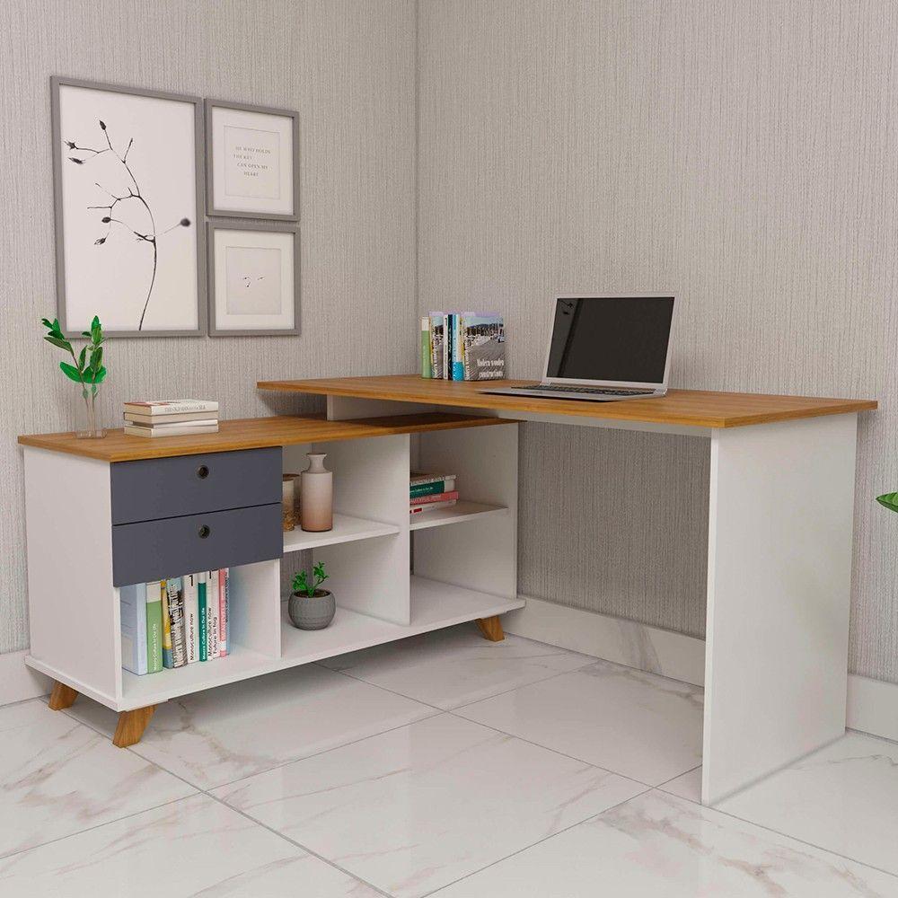 Mesa Escrivaninha Em L 2 Gavetas E Nichos Golden A06 Freijó/grafito/branco - Mpozenato - 5