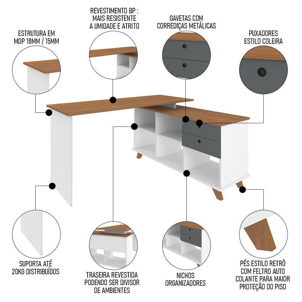 Mesa Escrivaninha Em L 2 Gavetas E Nichos Golden A06 Freijó/grafito/branco - Mpozenato - 8