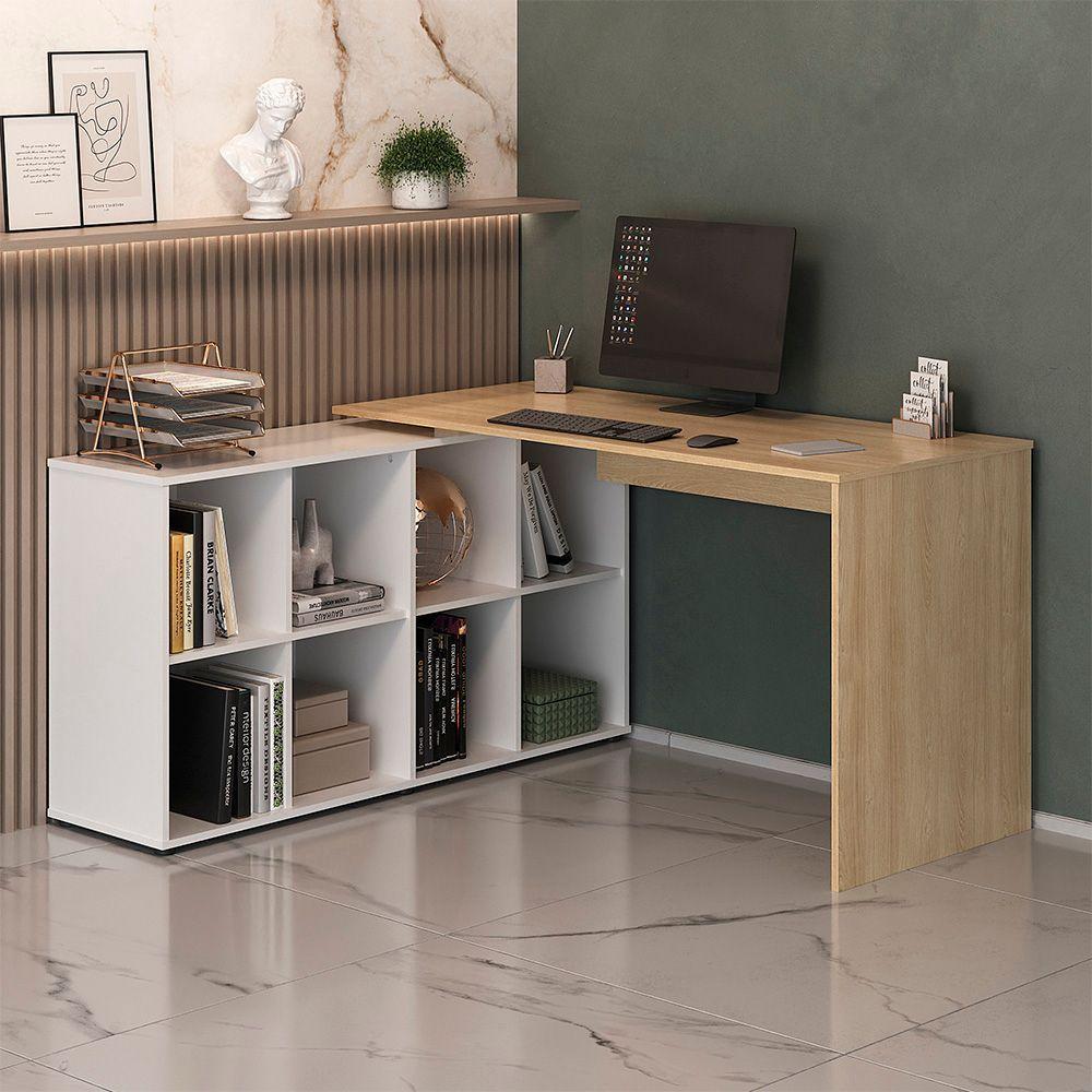 Mesa Escrivaninha Em L 140x130cm 8 Nichos Eron A06 Carvalho/branco - Mpozenato - 3