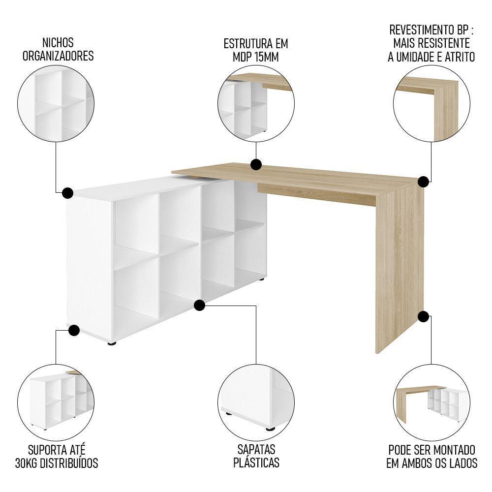 Mesa Escrivaninha Em L 140x130cm 8 Nichos Eron A06 Carvalho/branco - Mpozenato - 4