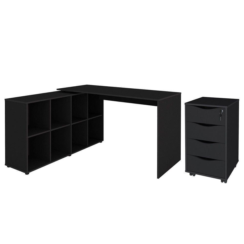 Mesa Escrivaninha Em L Eron E Gaveteiro Com Rodízios Mity A06 Preto - Mpozenato - 1