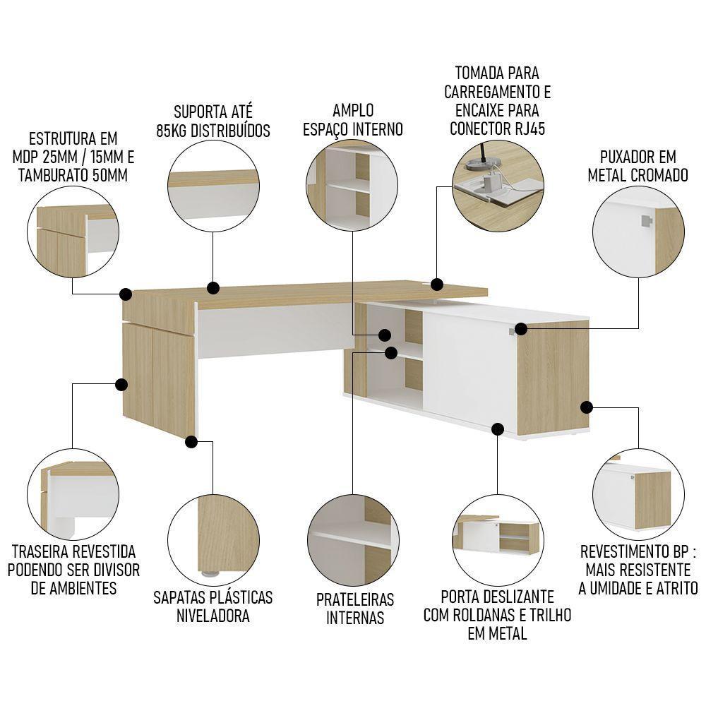 Mesa Diretor Em L Com Tomada 183x202cm Corp A06 Carvalho/branco - Mpozenato - 2