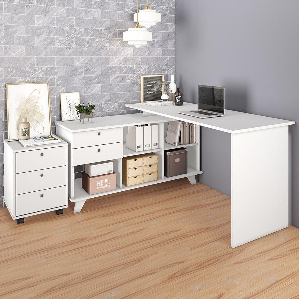 Mesa Escrivaninha Em L Golden E Gaveteiro 3 Gavetas Nil A06 Branco - Mpozenato - 5
