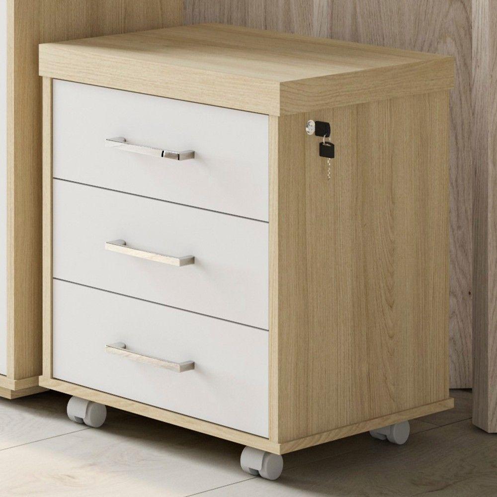Gaveteiro Para Escritório Com Rodízios 3 Gavetas Corp A06 Carvalho/branco - Mpozenato - 4