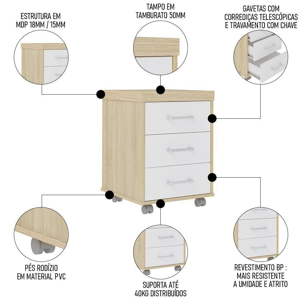 Gaveteiro Para Escritório Com Rodízios 3 Gavetas Corp A06 Carvalho/branco - Mpozenato - 7