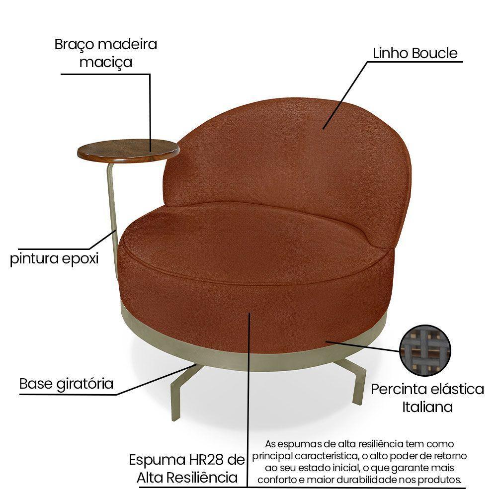 Poltrona Decorativa Andromeda Linho Bouclê Marrom Base Giratória De Ferro - Pallazio - 2