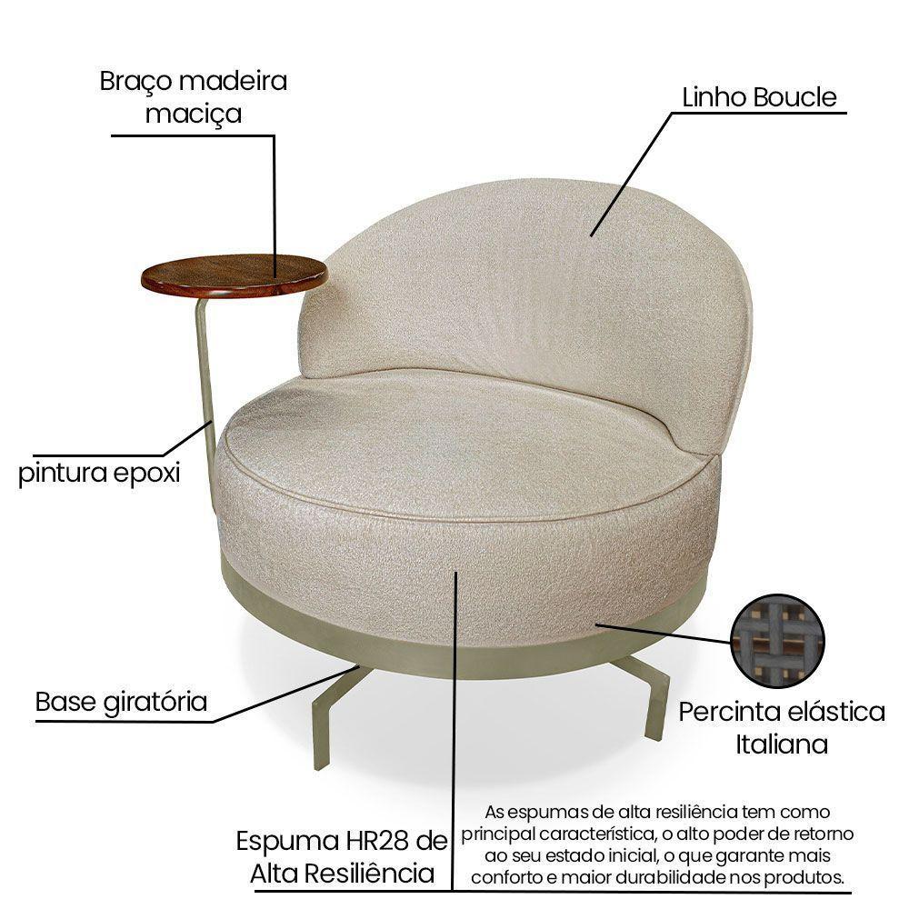 Poltrona Decorativa Andromeda Linho Bouclê Bege Base Giratória De Ferro - Pallazio - 7