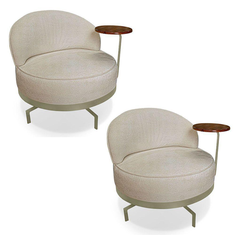 Kit 2 Poltronas Decorativa Andromeda Linho Bouclê Bege Base Giratória De Ferro - Pallazio - 1