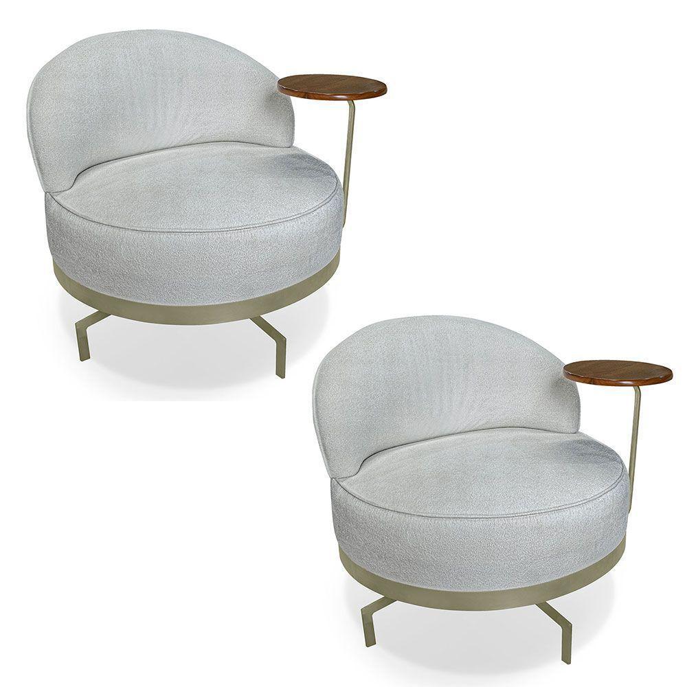 Kit 2 Poltronas Decorativa Andromeda Linho Bouclê Cinza Claro Base Giratória De Ferro - Pallazio - 1