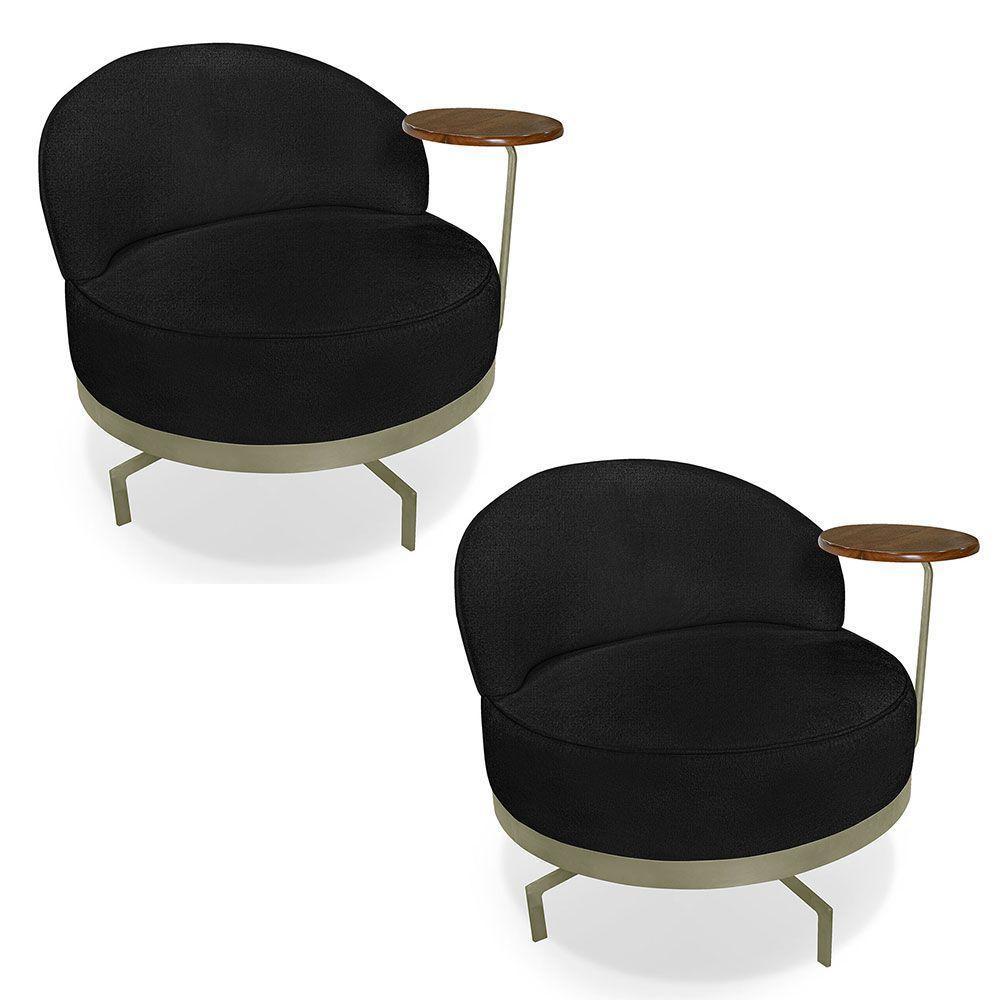 Kit 2 Poltronas Decorativa Andromeda Linho Bouclê Preto Base Giratória De Ferro - Pallazio - 1